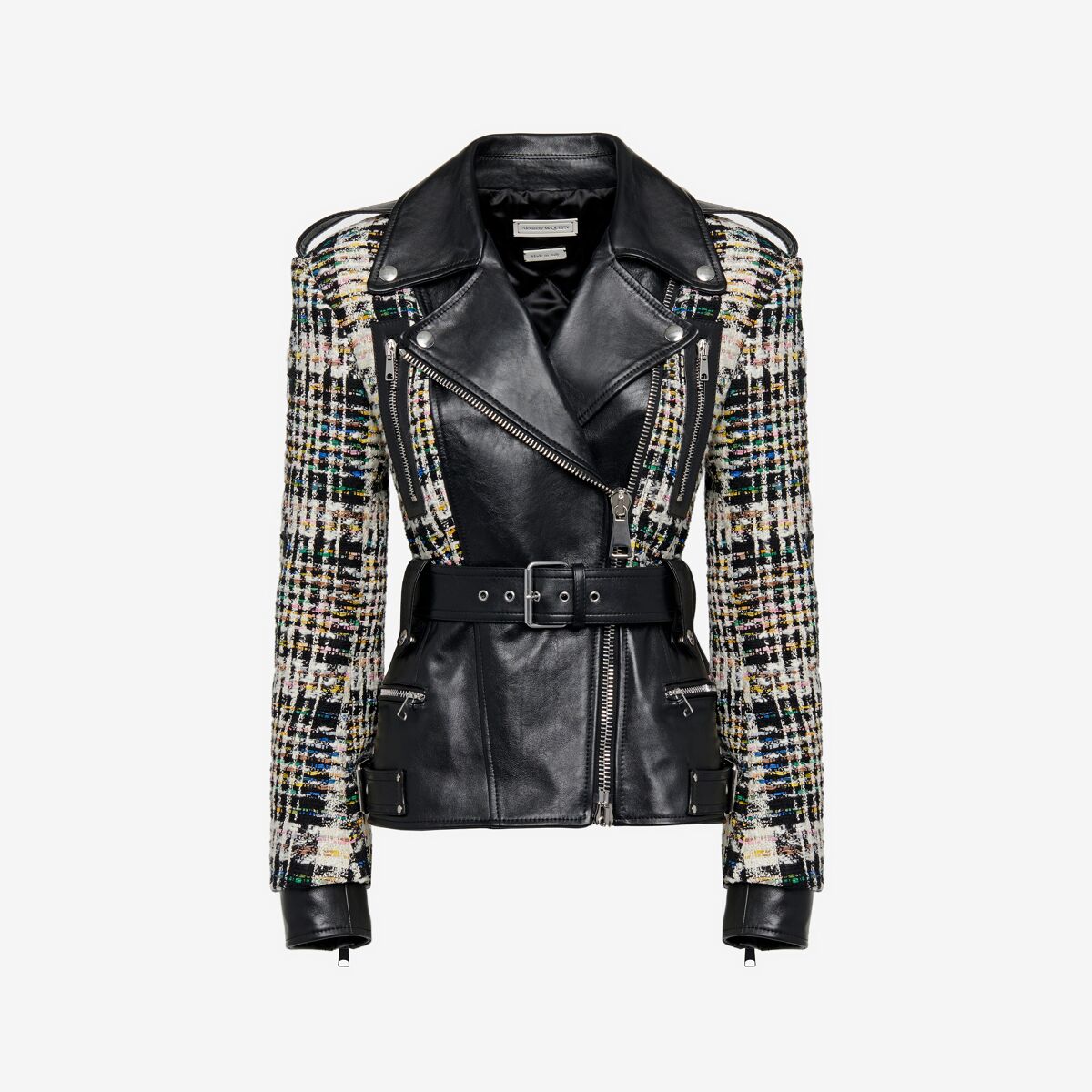 Alexander Mcqueen Belted Leather Moto Jacket With Tweed Detail In Black/multicolour