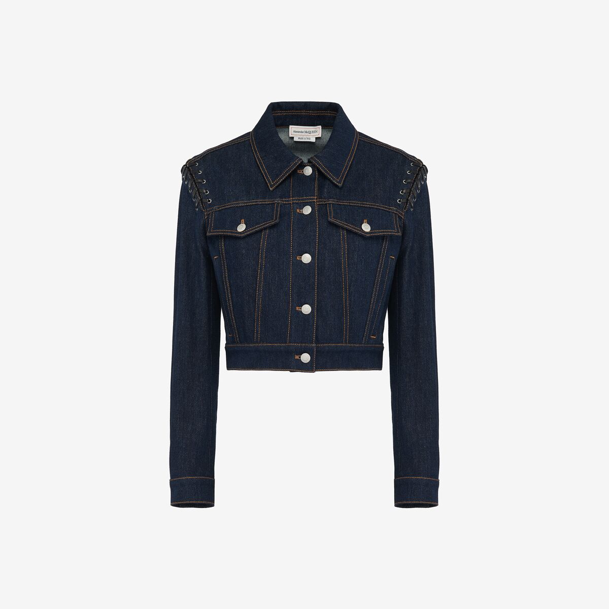 Alexander Mcqueen Lace Detail Cropped Denim Jacket In Denim