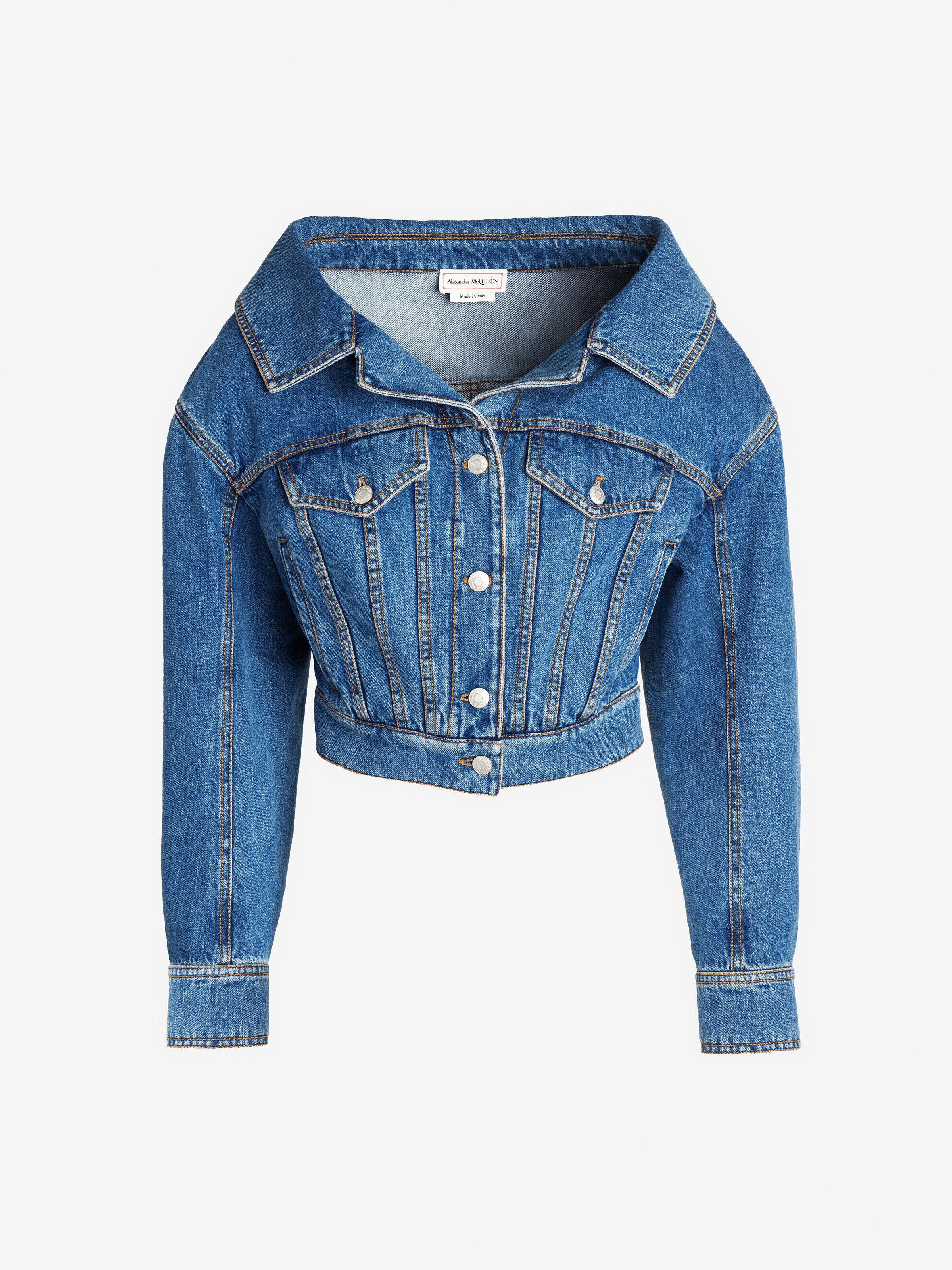Alexander Mcqueen Open Collar Denim Jacket In Stone Washed
