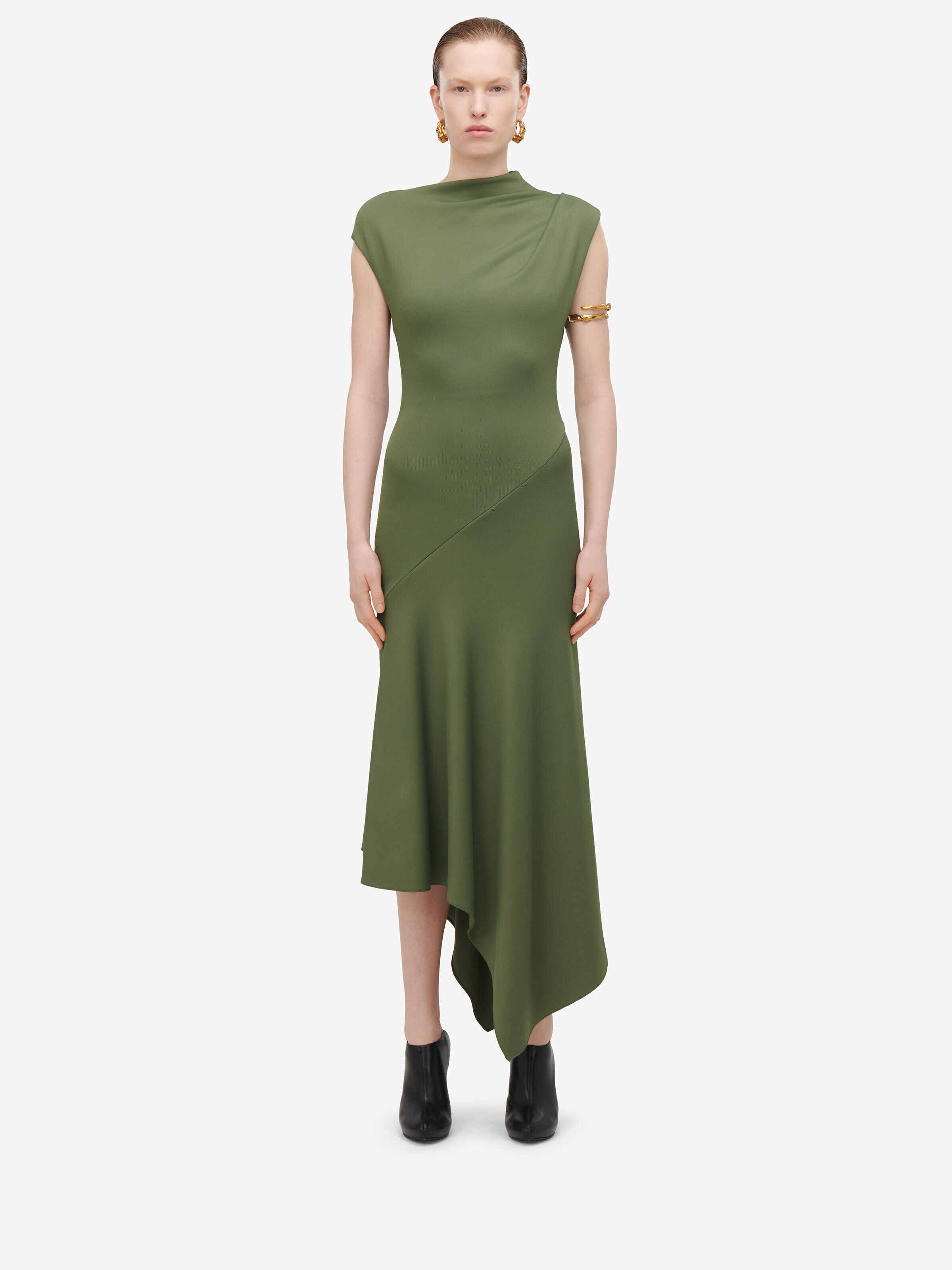 Alexander McQueen Women's Green Asymmetric Midi Dress - 46 (Viscose & Polyamide)