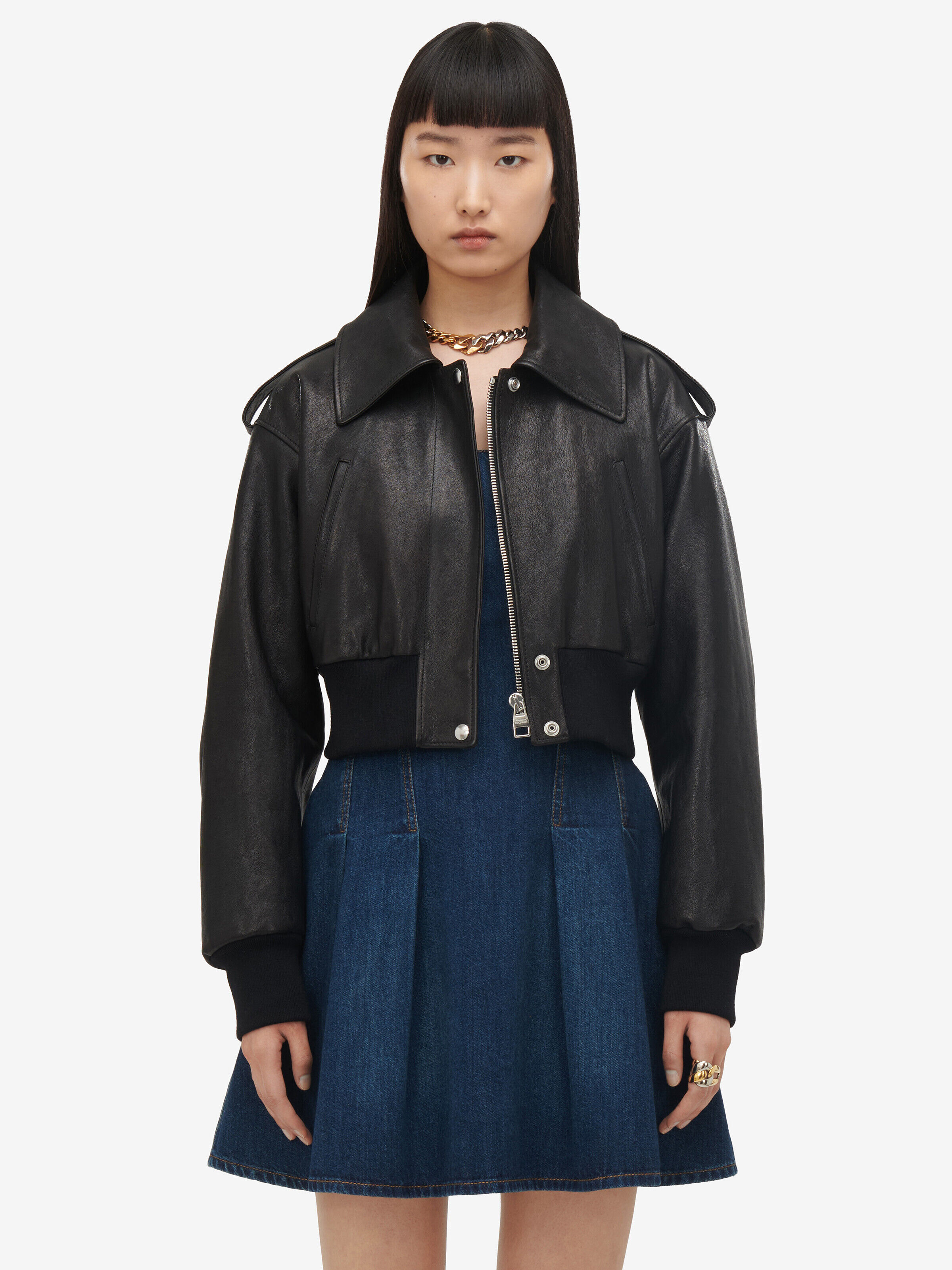 Alexander McQueen Women's Black Cropped Aviator Bomber Jacket - 42 (Lambskin)