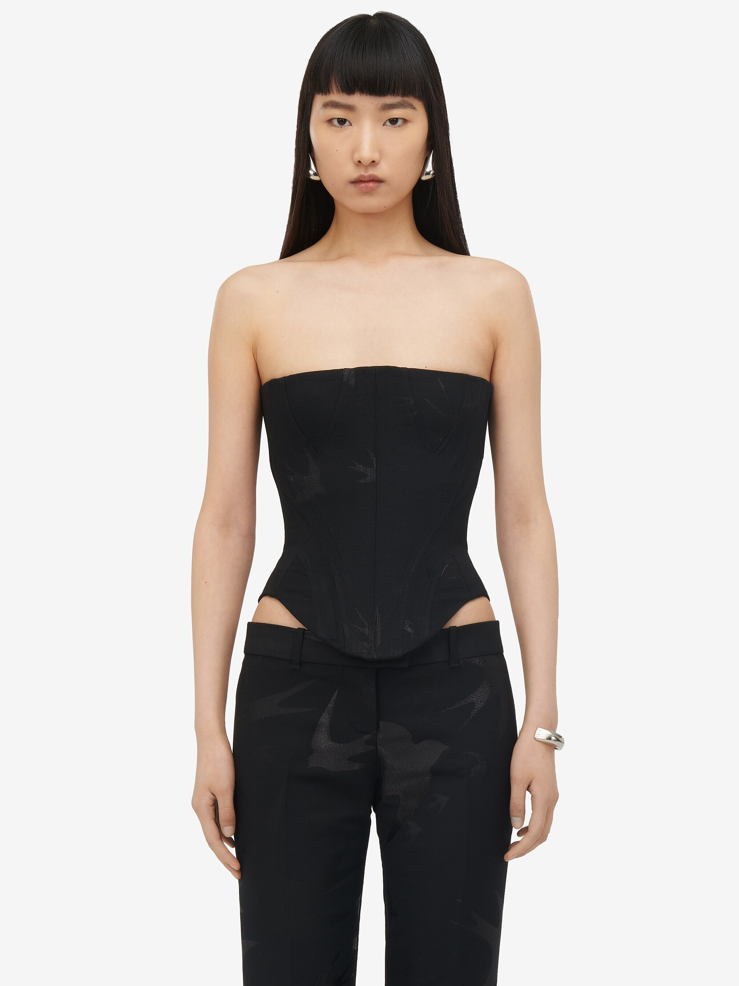 Alexander McQueen Women's Black Swallow Jacquard Corset - 12 (Viscose, Polyester, Metallic Polyester, Wool & Polyamide)