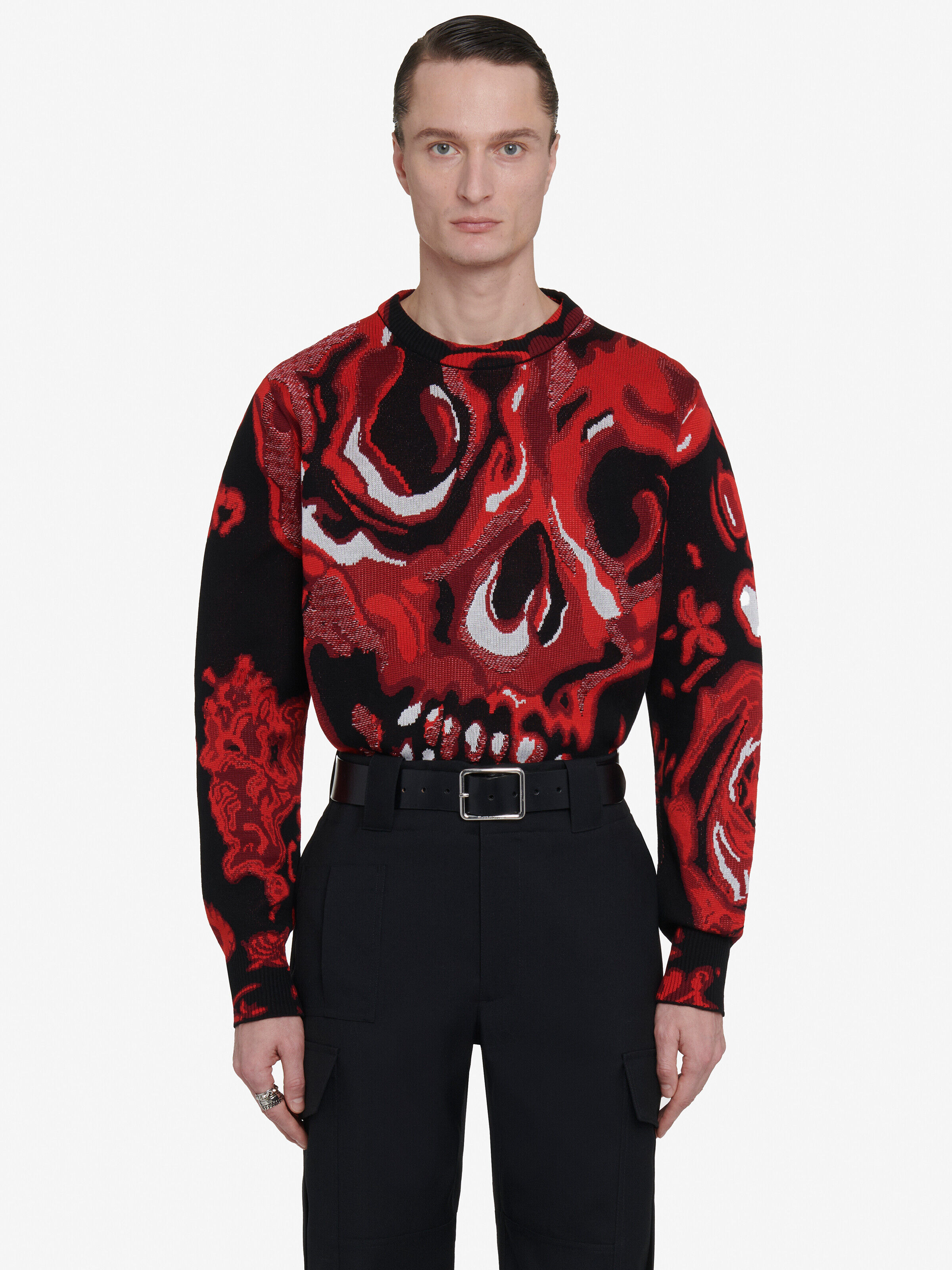 Alexander McQueen Men's Black Wax Flower Skull Jumper - 38 (Cotton, Viscose & Polyester)