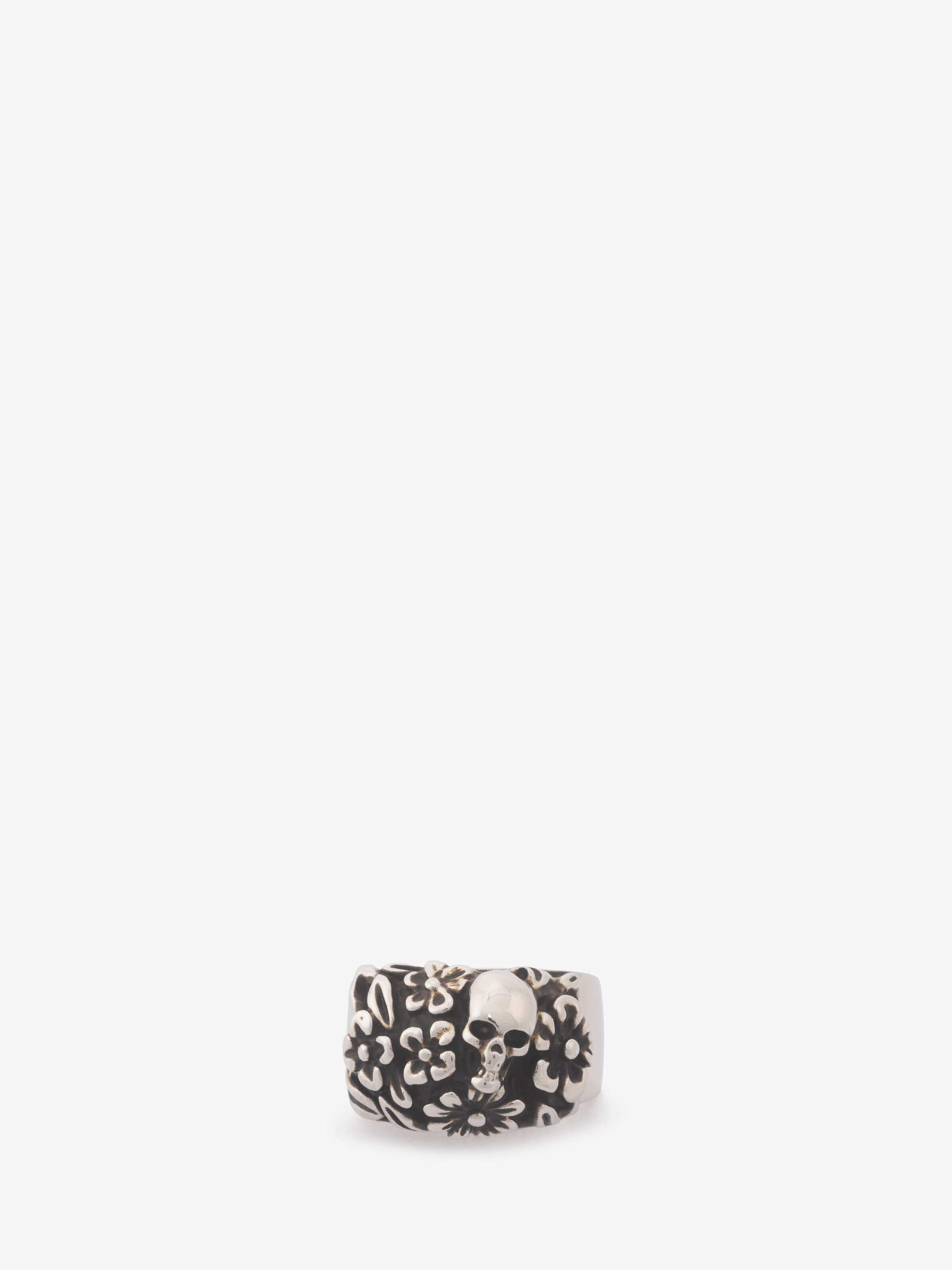 Alexander McQueen Men's Silver The Floral Skull Ring - 19 (Brass)