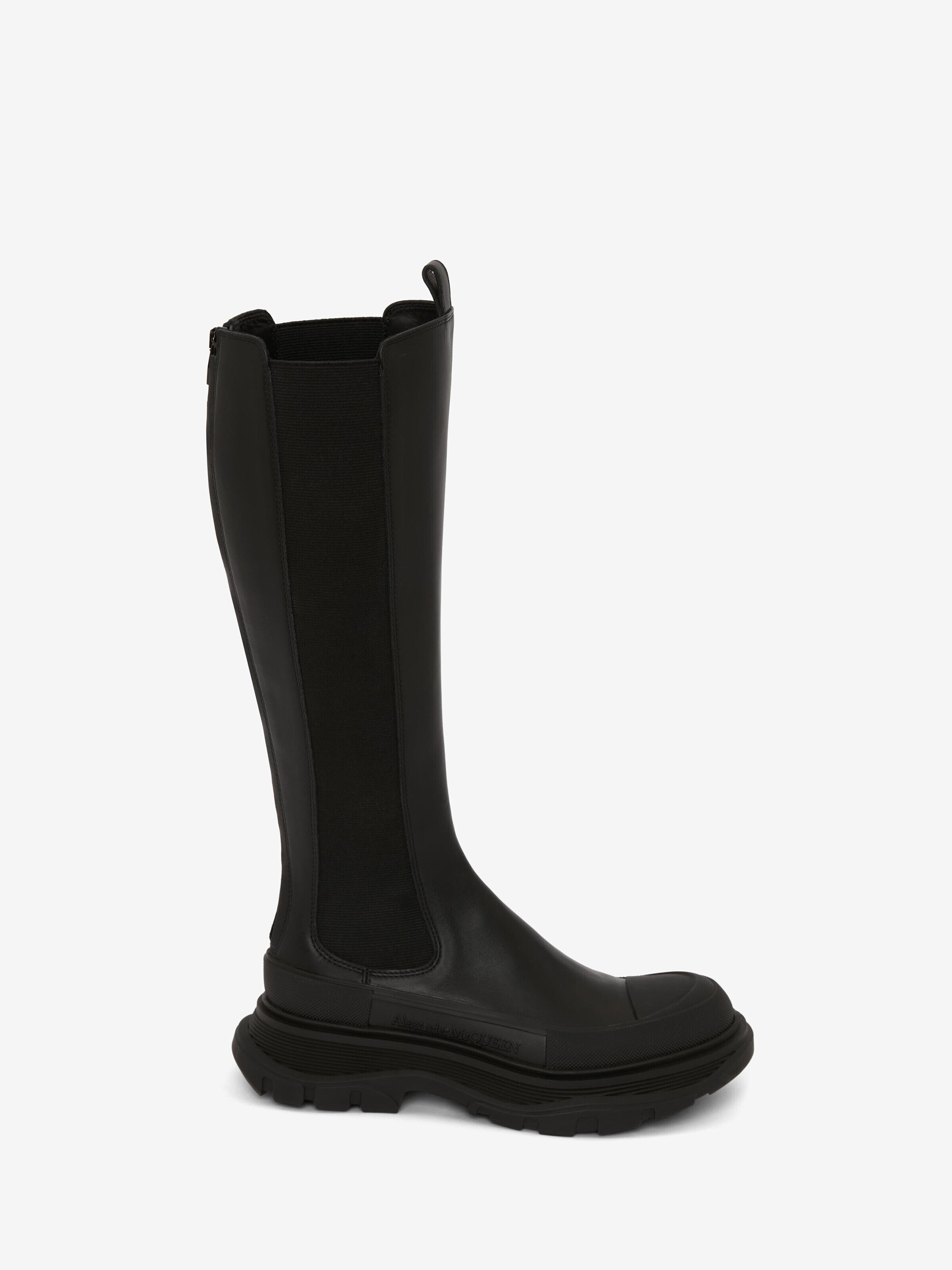Alexander McQueen Women's Black Tread Slick Knee High Boot - 38 (Calf Leather)