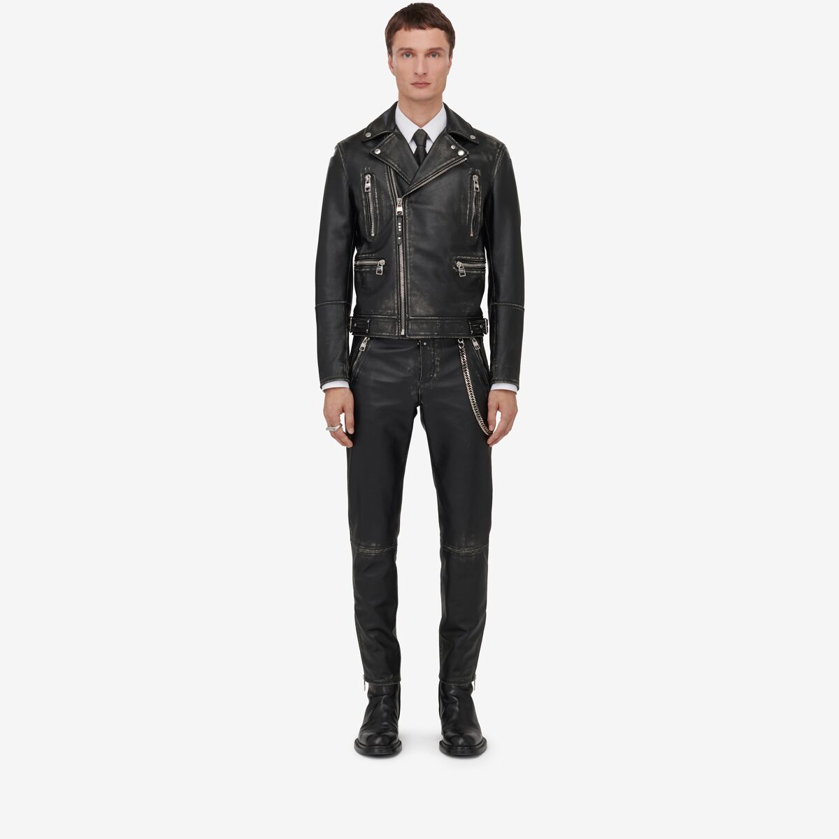 Alexander Mcqueen Leather Biker Jacket In Black/ivory
