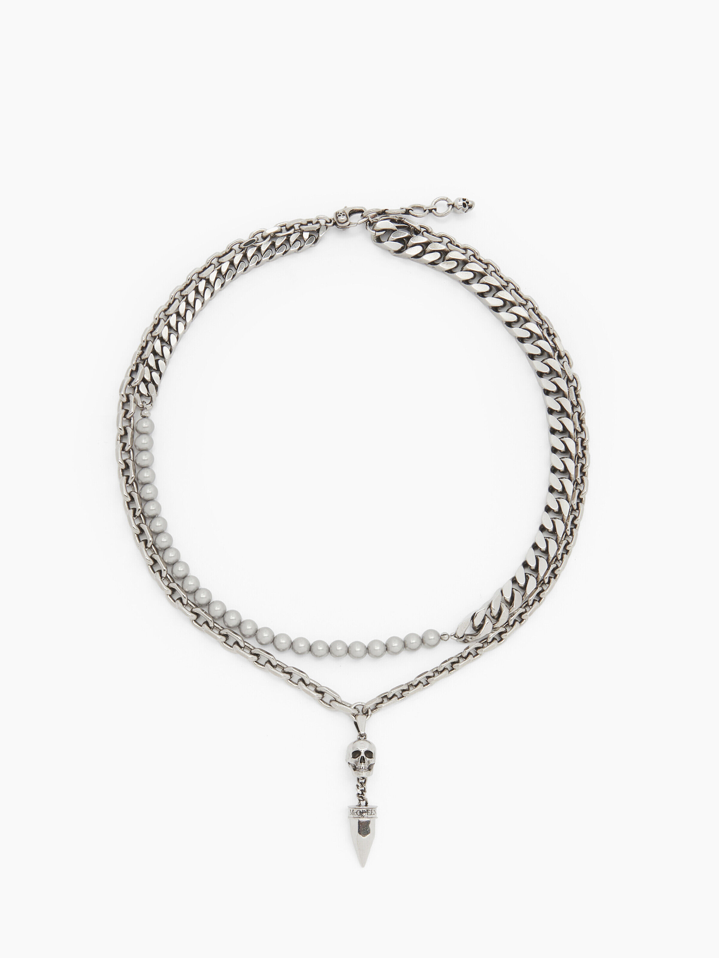 Alexander McQueen Men's Silver Pearl and Skull Stud Necklace (Brass)