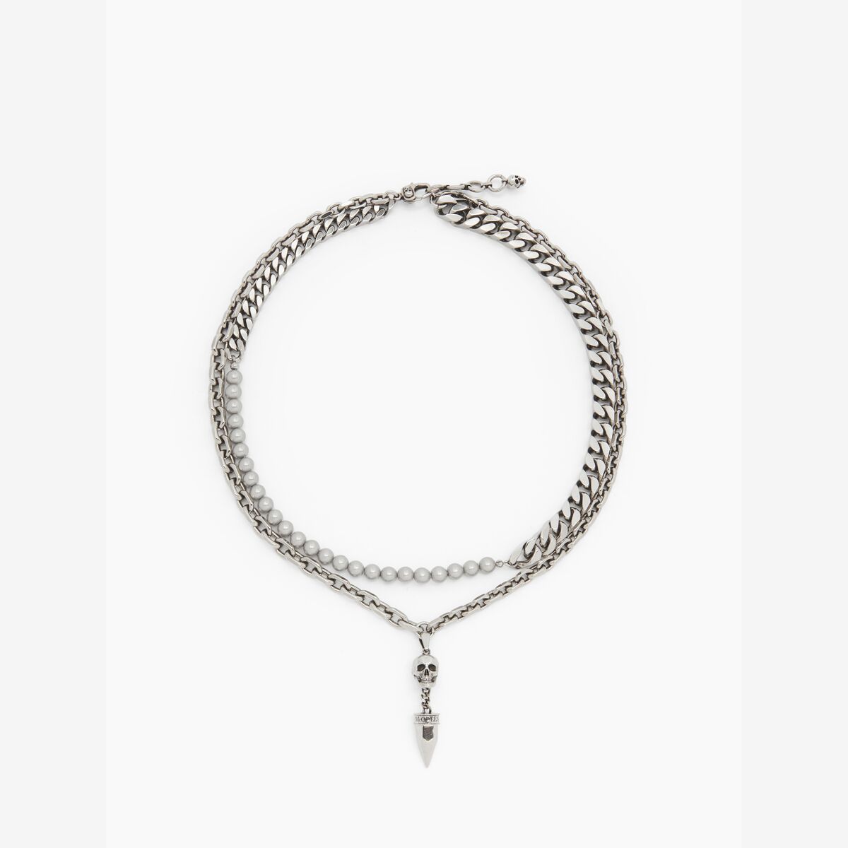 Shop Alexander Mcqueen Pearl And Skull Stud Necklace In Antique Silver