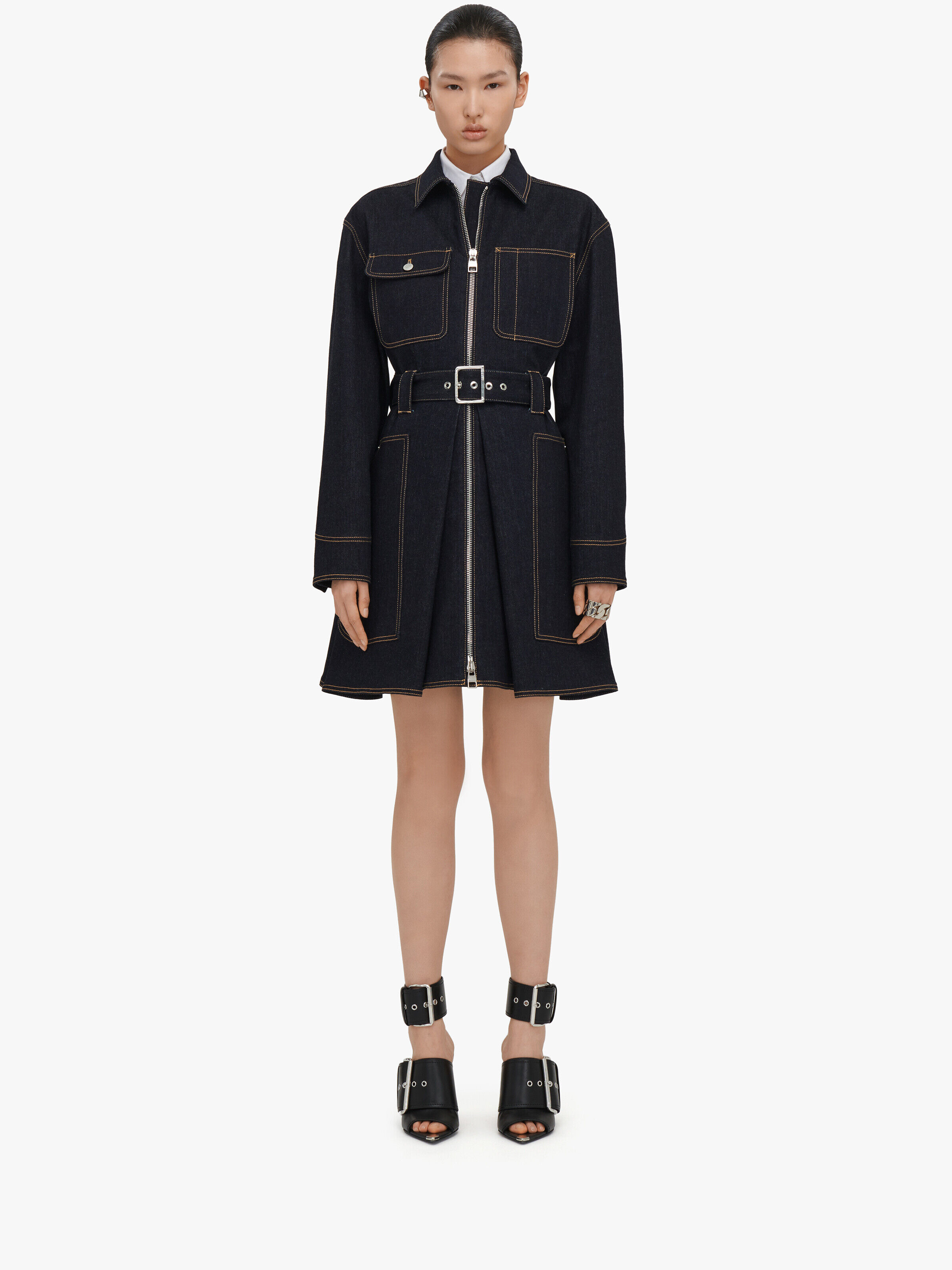 Alexander McQueen Women's Blue Utility Denim Mini Dress - 16 (Cotton & Elastan)