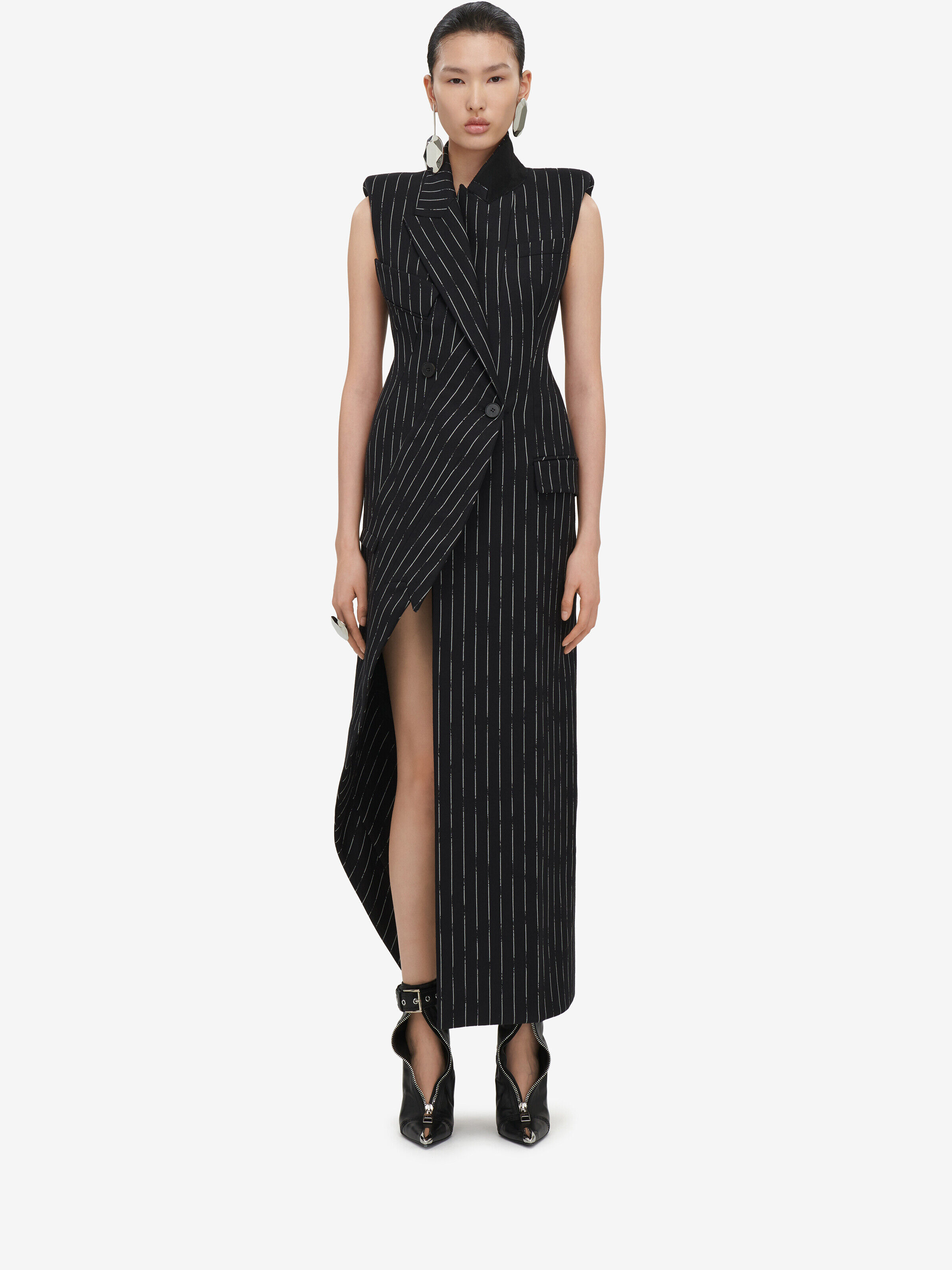 Alexander McQueen Women's Black Broken Pinstripe Tailored Dress - 8 (Wool)
