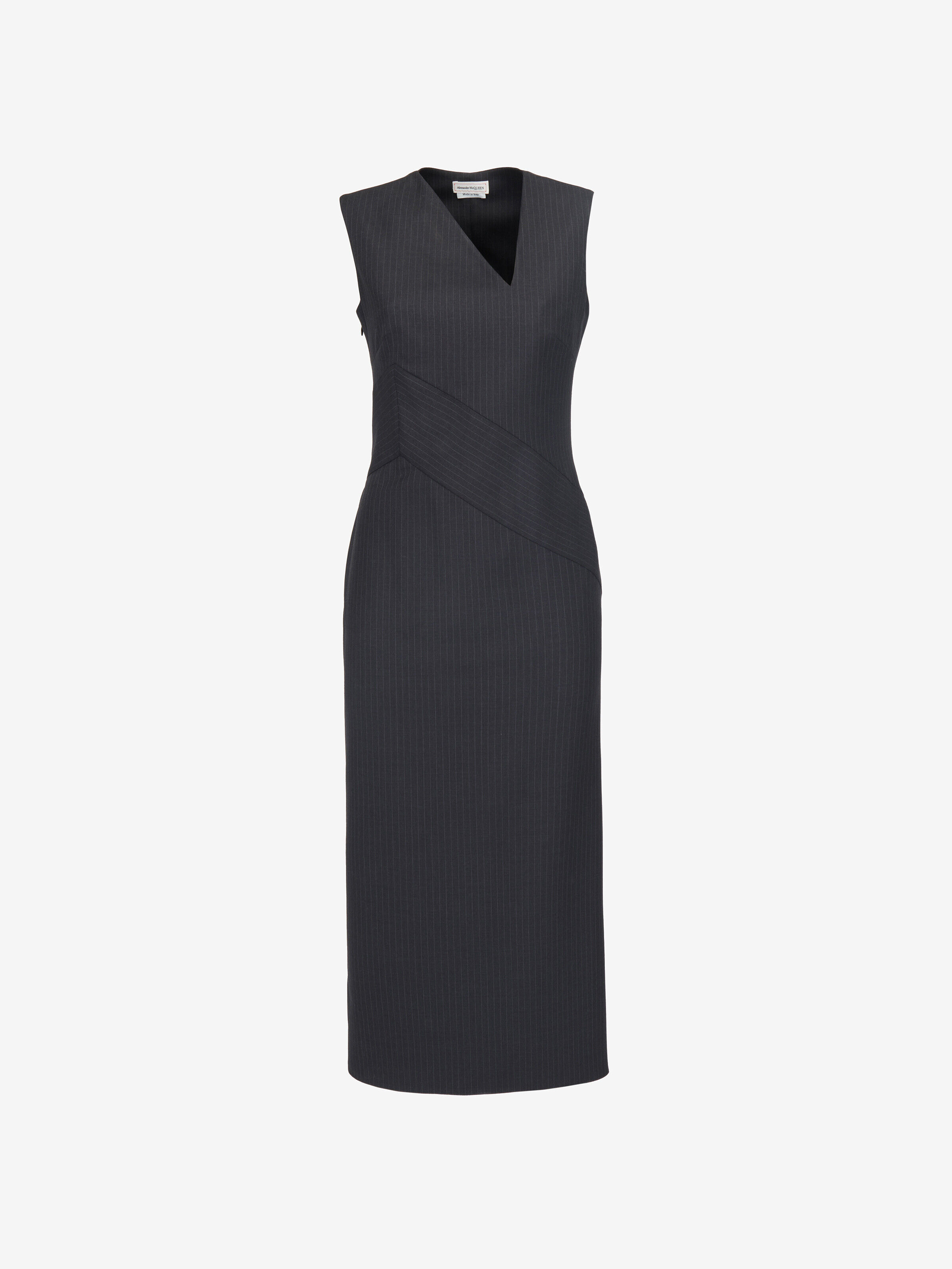 Alexander McQueen Women's Grey & Silver Pinstripe Midi Dress - 14 (Wool)