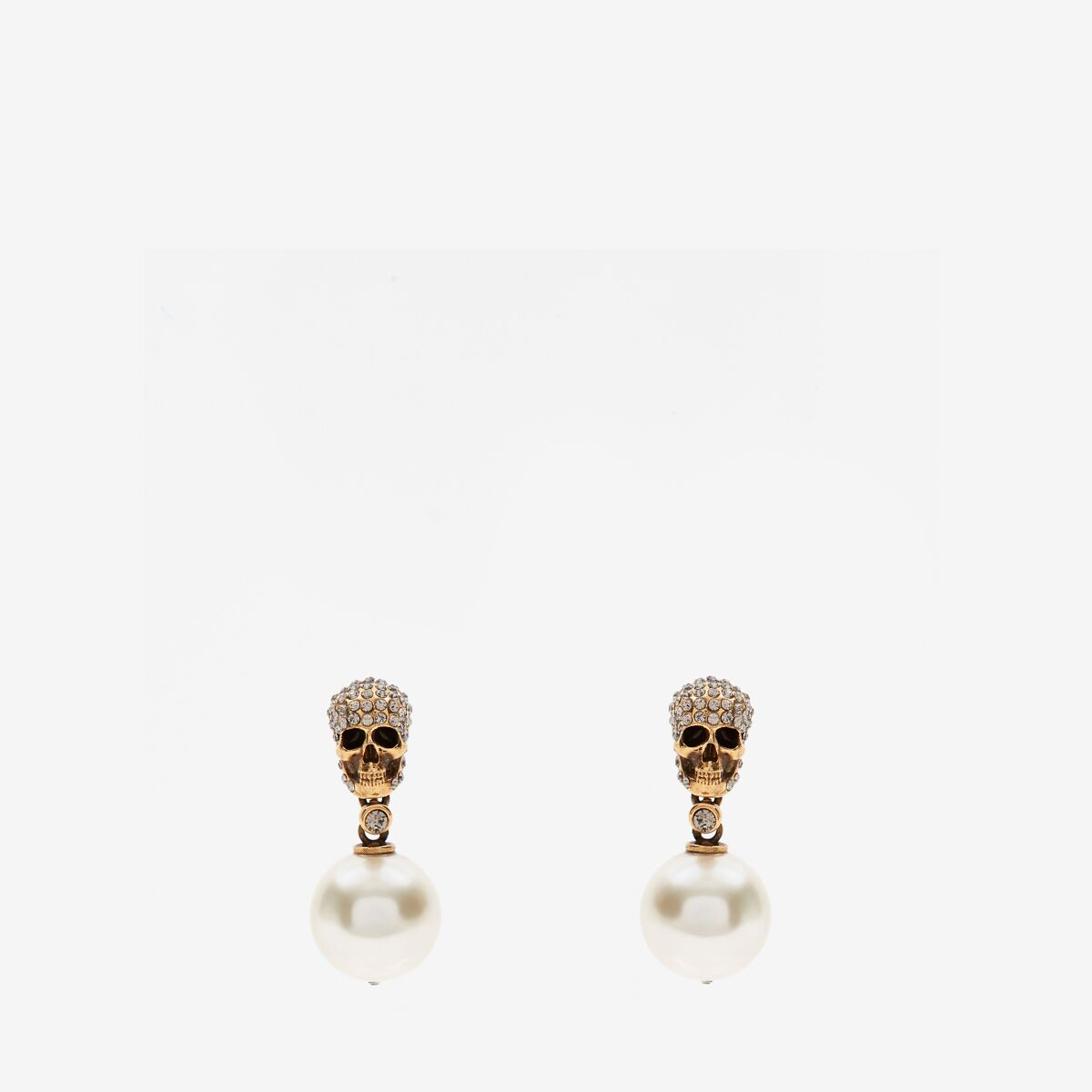 Alexander Mcqueen Pearl Pave Skull Earrings In Antique Gold