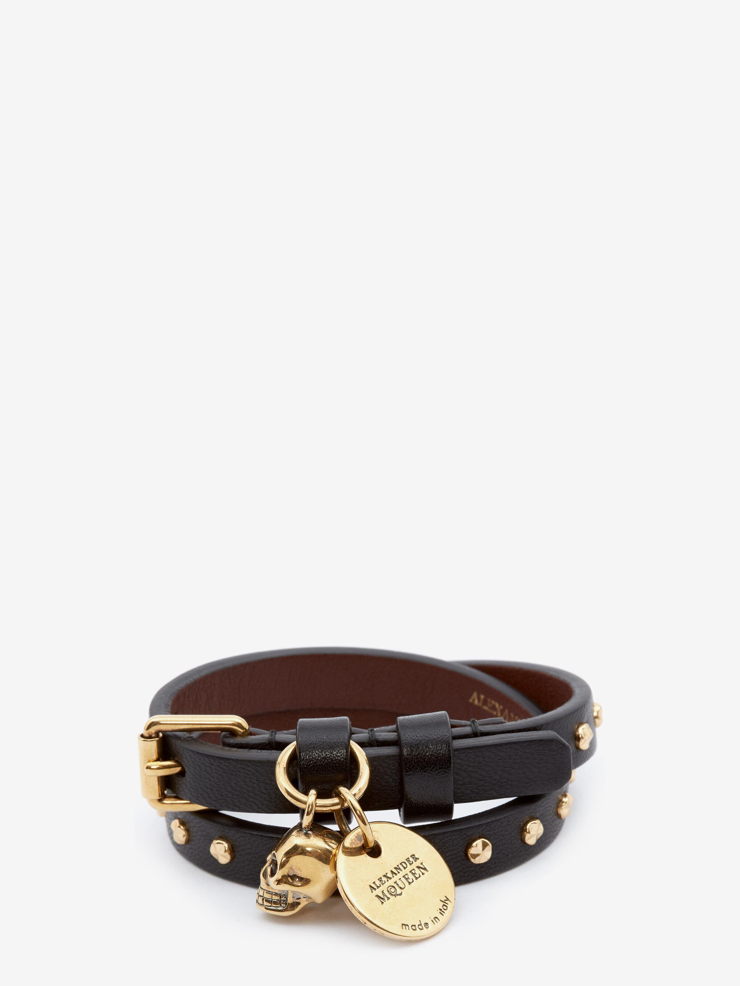 Alexander McQueen Men's Black Hammered Studs Double-Wrap Bracelet (Calfskin)