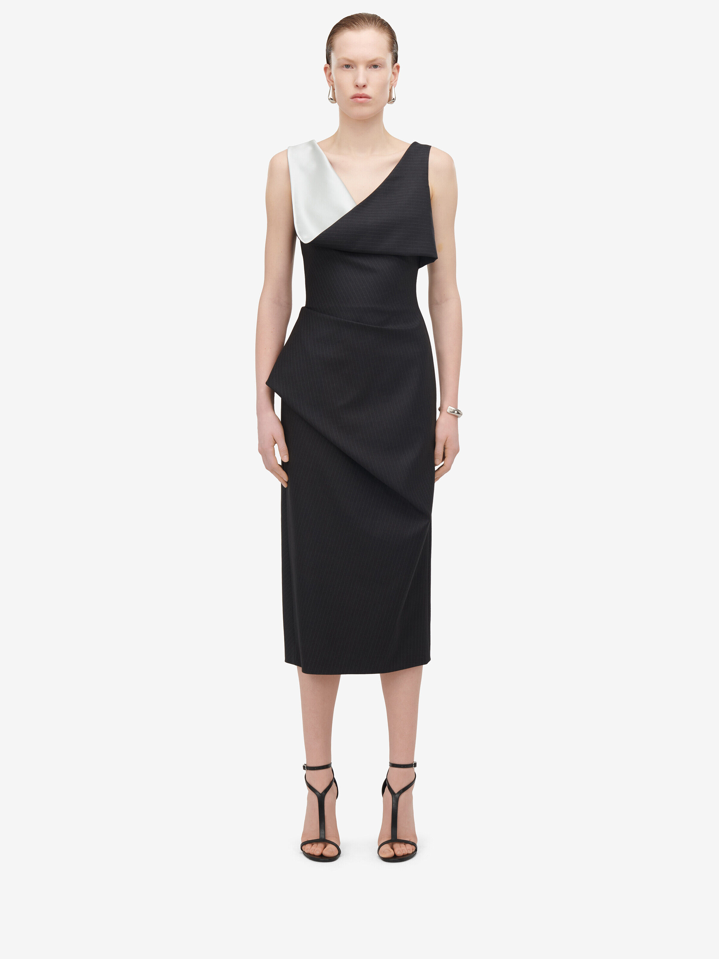 Alexander McQueen Women's Grey & Silver Pinstripe Asymmetric Pencil Dress - 34 (Wool)