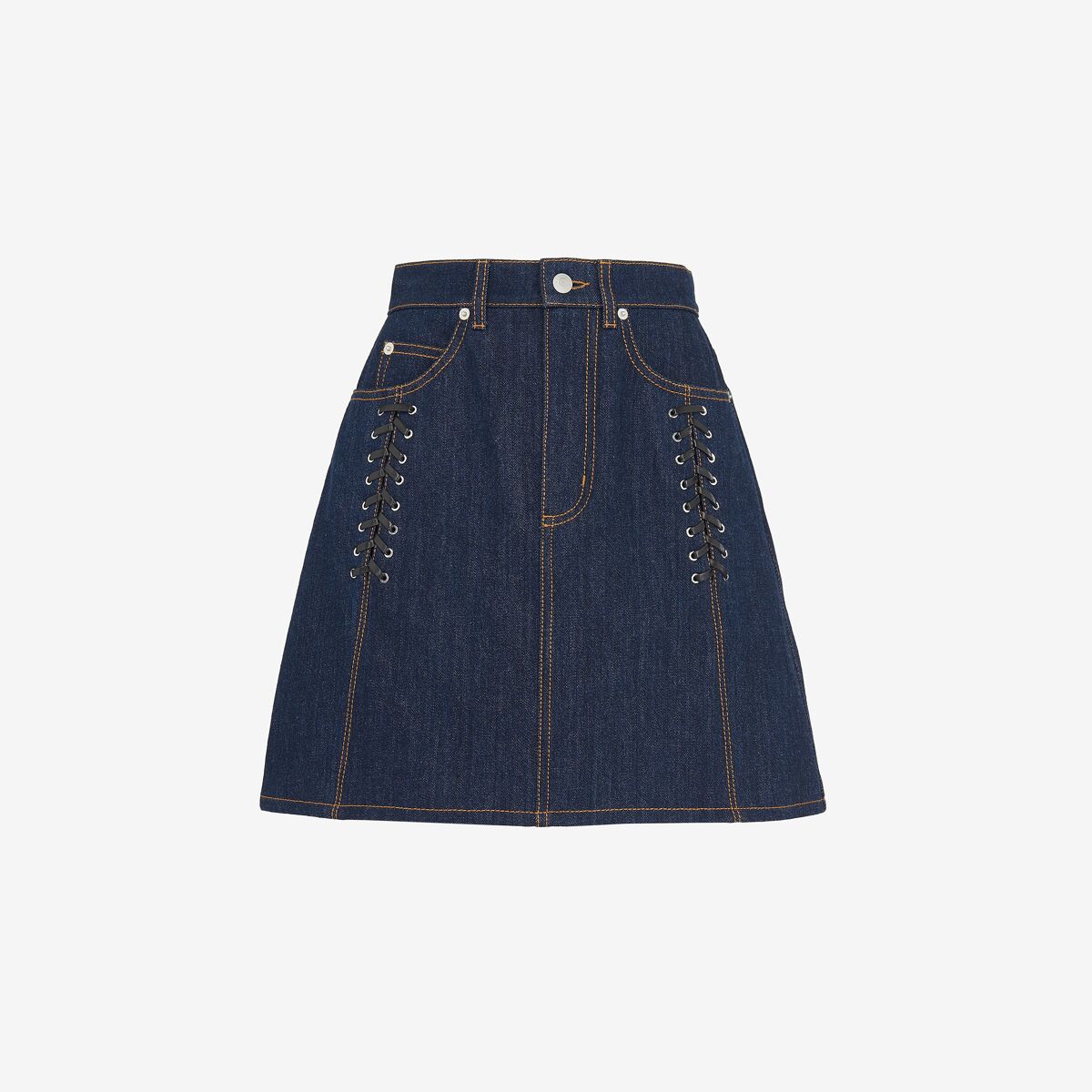 Alexander Mcqueen Lace Detail Denim Mini Skirt In Blue